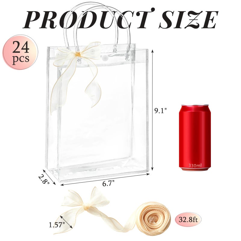 Ohuimrt 24 PCS Clear Plastic Gift Bags with Handles  Reusable Party Favor Bags with Ribbon Transparent Gift Wrap Bags Bulk for Weddings Birthdays  9.1 x 6.7 x 2.8 Inches - Image 2